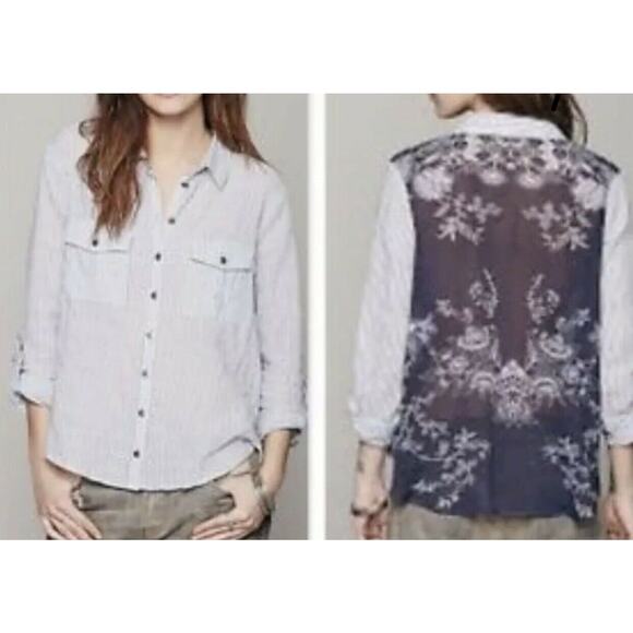 Free People blue stripes button down Shirt long sleeve Sz XS V Neck Cotton - Picture 1 of 8